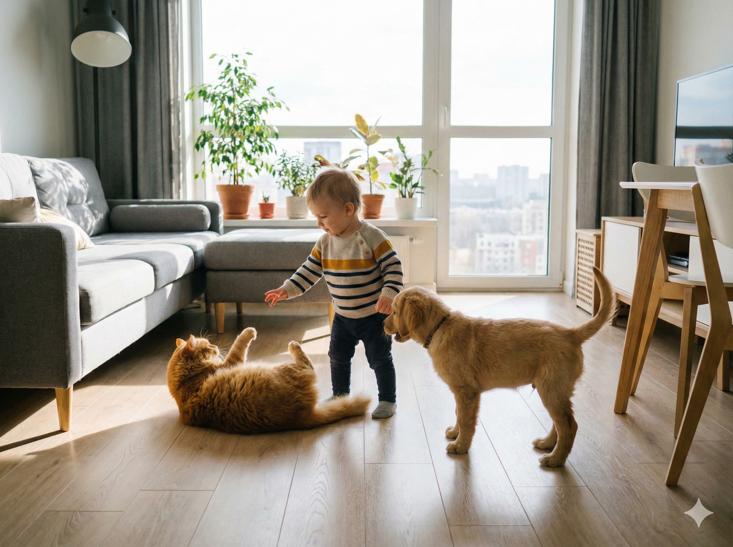 Ребёнок играет с питомцами на чистом полу